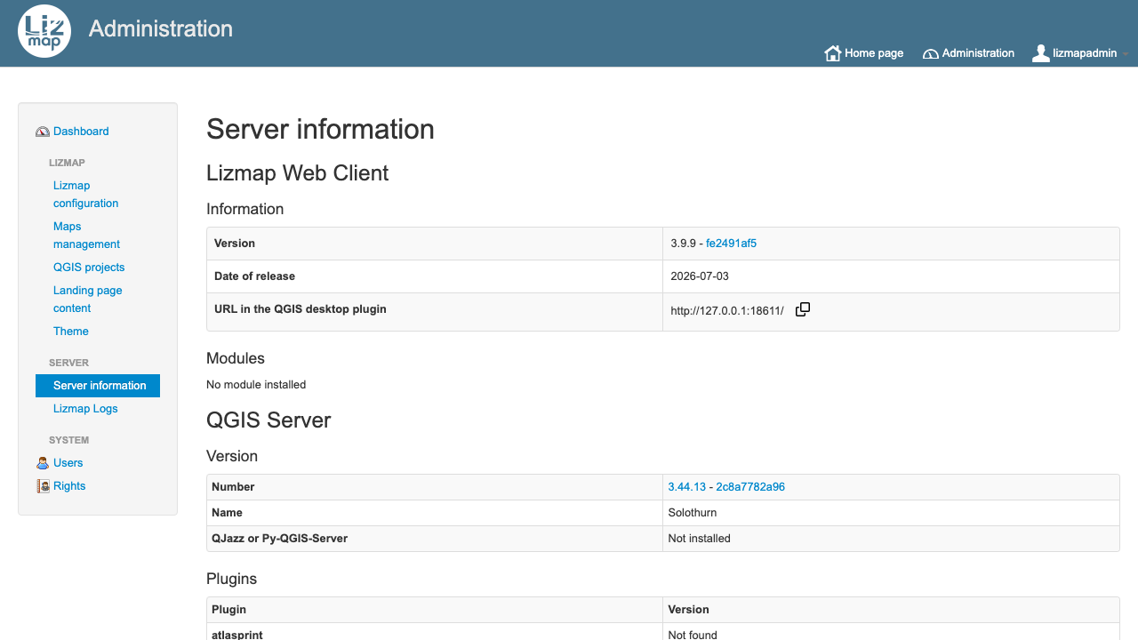 The Lizmap administration server information panel