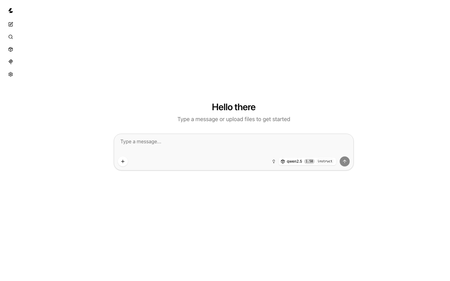 The llama.cpp chat UI on a freshly launched instance, with the qwen2.5 1.5B instruct model selected