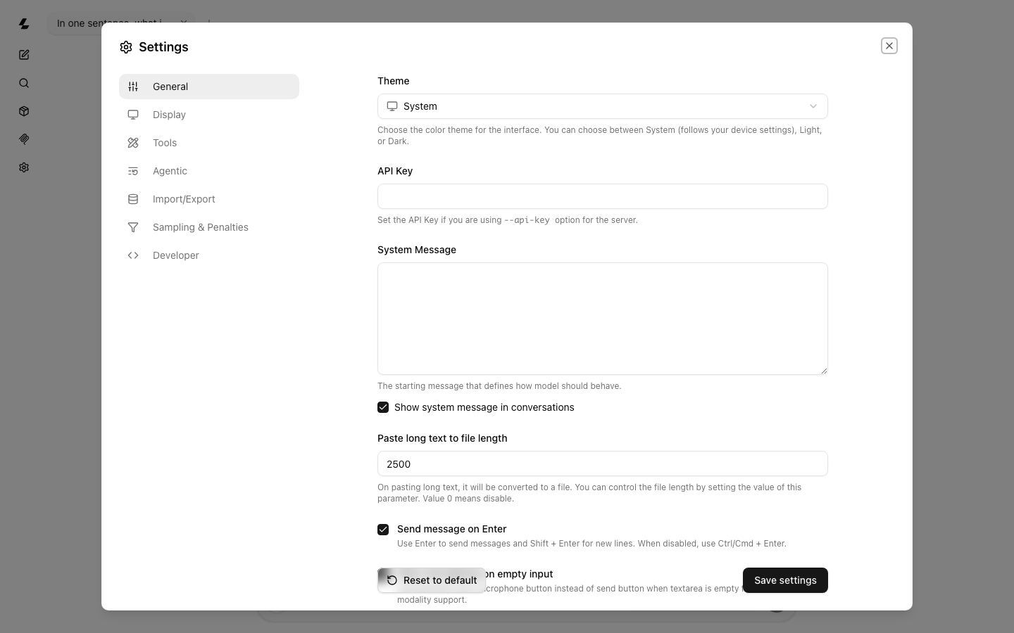 The llama.cpp chat UI settings page with the API Key field left empty