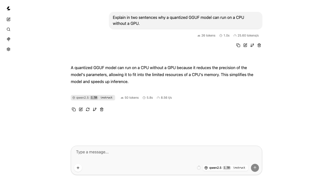 A chat reply from the bundled Qwen2.5-1.5B-Instruct model, generated on the CPU at about 8.5 tokens per second