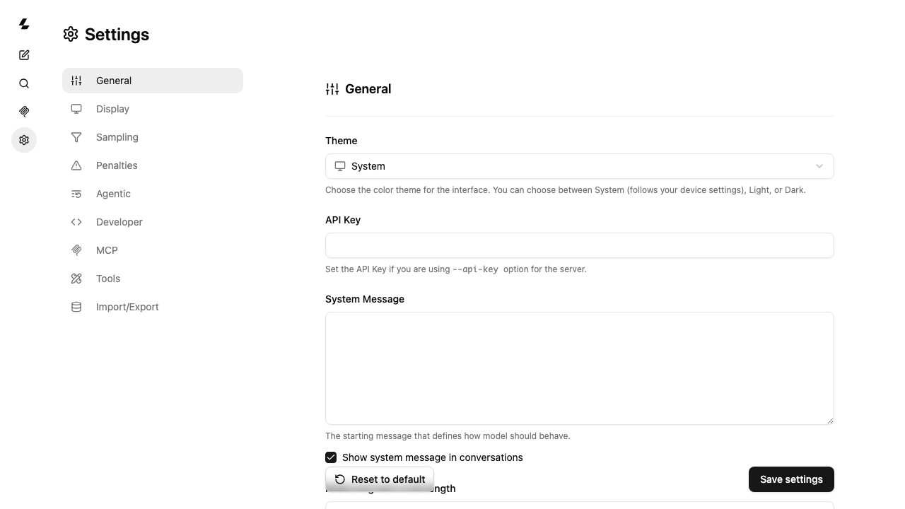 The llama.cpp chat UI settings page with the API Key field left empty