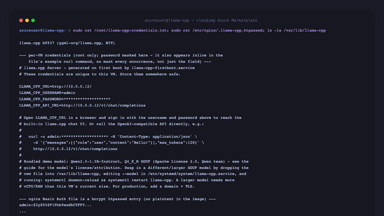 The per-VM credentials file with the generated admin password, an example API curl command, and the bundled demo model's license note; and confirmation that the nginx Basic Auth file is a bcrypt hash with no plaintext password shipped in the image