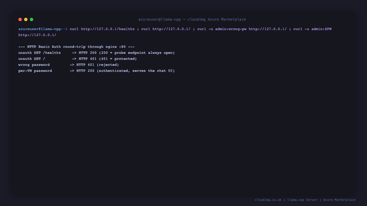 The HTTP Basic Auth round-trip on port 80: an unauthenticated healthz probe returning 200, an unauthenticated UI request returning 401, a wrong password rejected with 401, and the per-VM password authenticating with 200