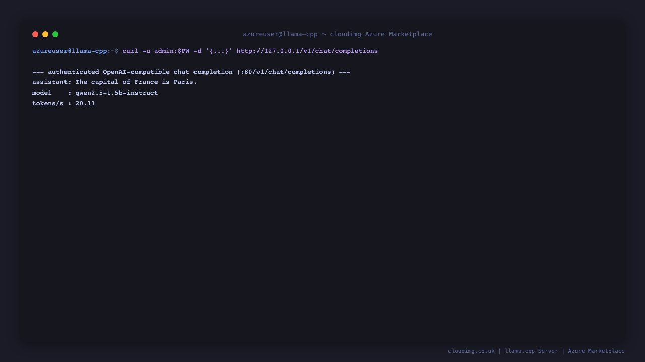 An authenticated POST to /v1/chat/completions returning a real generated answer, the loaded model alias, and live tokens/second generation speed