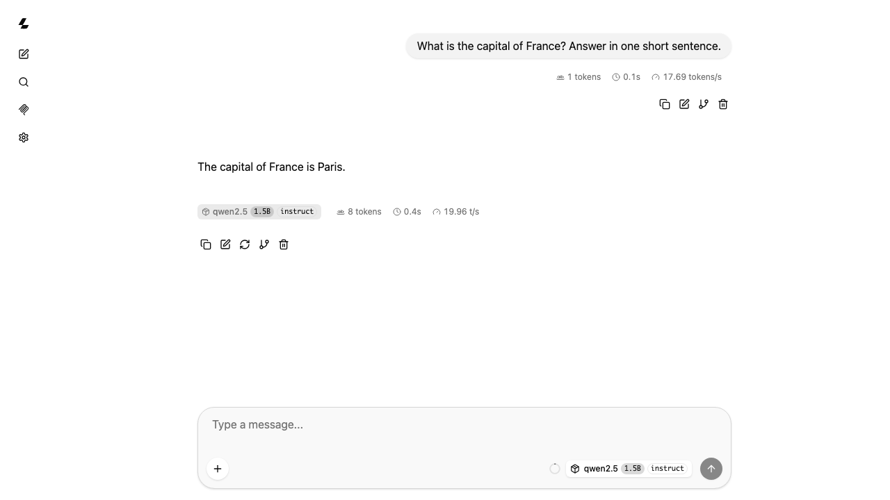 A chat conversation in progress in the llama.cpp UI - a user question and the generated answer, with per-message token count, latency and tokens/second stats
