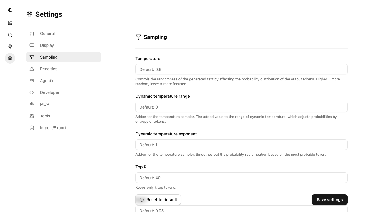 The llama.cpp UI Settings > Sampling panel, showing inference parameters such as Temperature, Dynamic temperature range/exponent and Top K with inline explanations