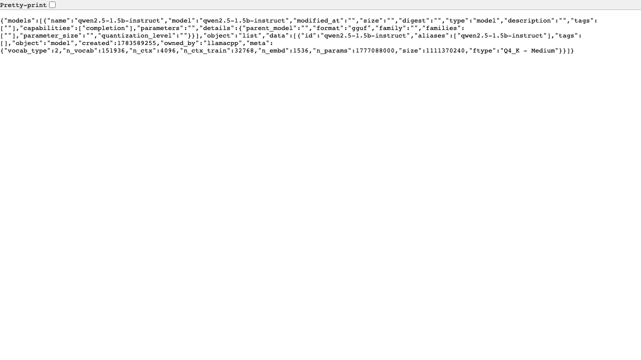 A real authenticated GET /v1/models API response viewed in-browser, showing the qwen2.5-1.5b-instruct model's id, context size and Q4_K_M quantization