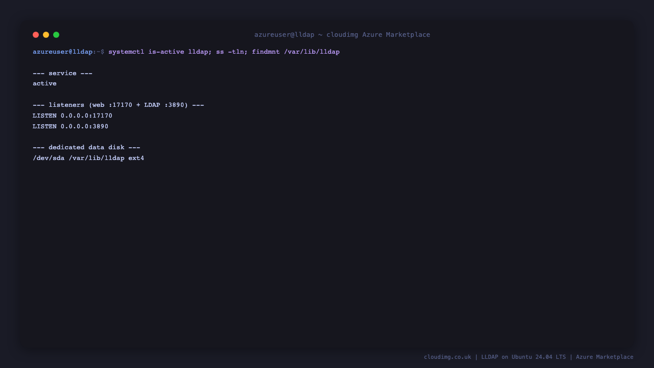 The lldap service reporting active, the web admin UI listening on port 17170 and the LDAP endpoint on port 3890, and the dedicated data disk mounted at /var/lib/lldap