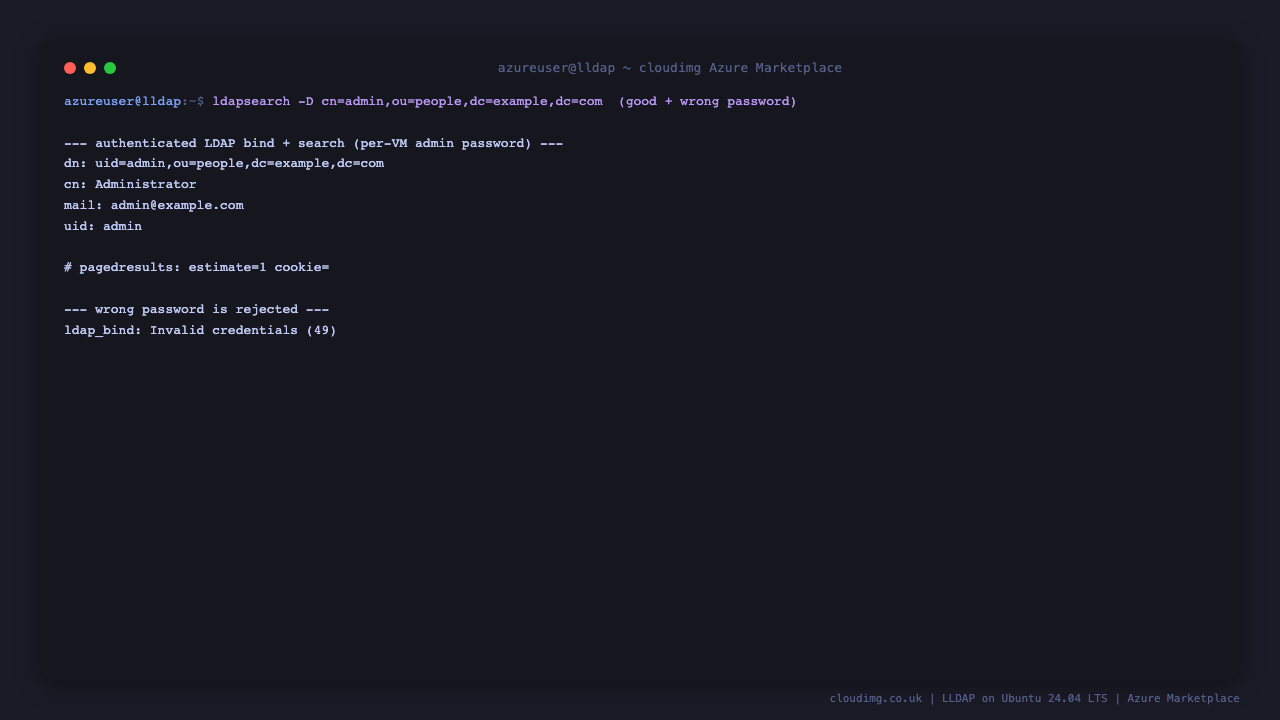 An authenticated LDAP bind and search returning the admin entry with the per VM password, and a wrong password rejected with Invalid credentials result 49