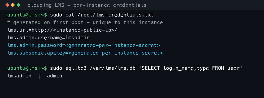 The per instance credentials file showing the instance URL, the generated administrator username and password, and the separate Subsonic API key, readable only by root