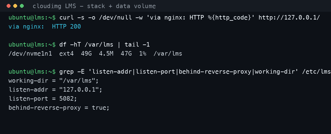 The web player returning HTTP 200 through nginx, the dedicated ext4 EBS data volume mounted at /var/lms, the preconfigured music library path, and LMS pinned to loopback 127.0.0.1:5082 behind the reverse proxy