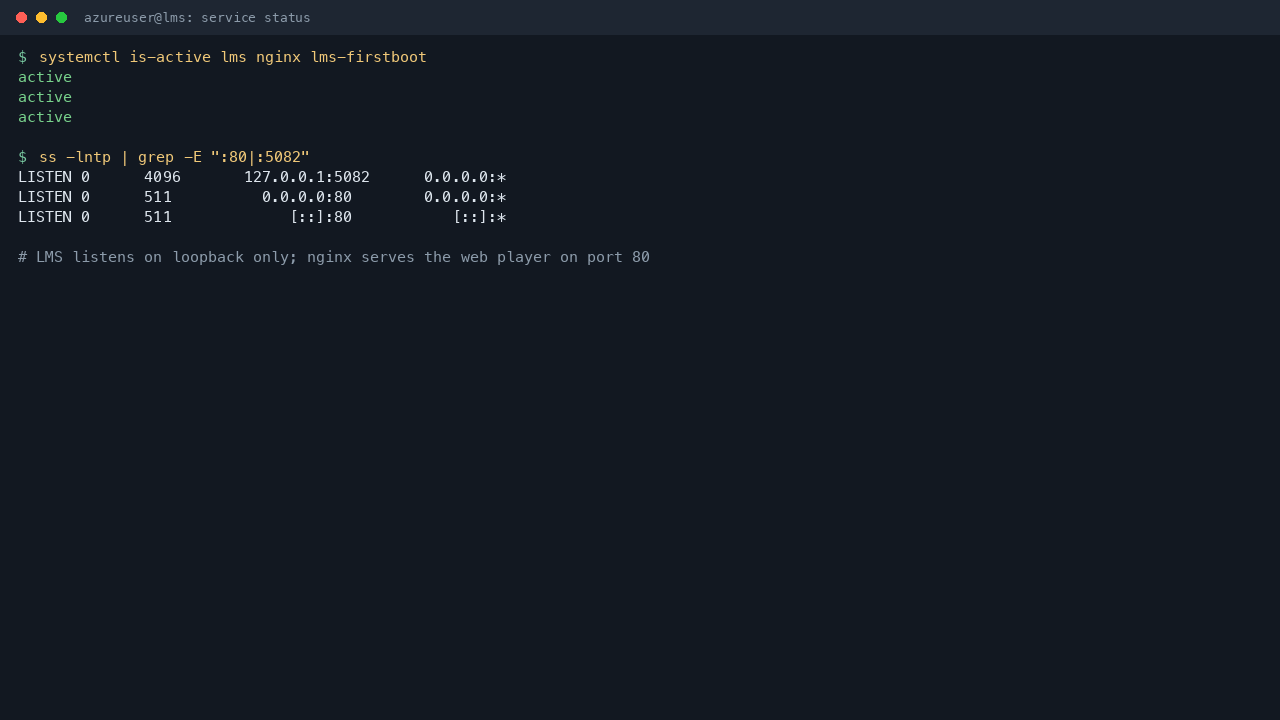 The lms, nginx and lms-firstboot services reporting active, with nginx listening on port 80 and the LMS server bound to loopback 127.0.0.1:5082 only