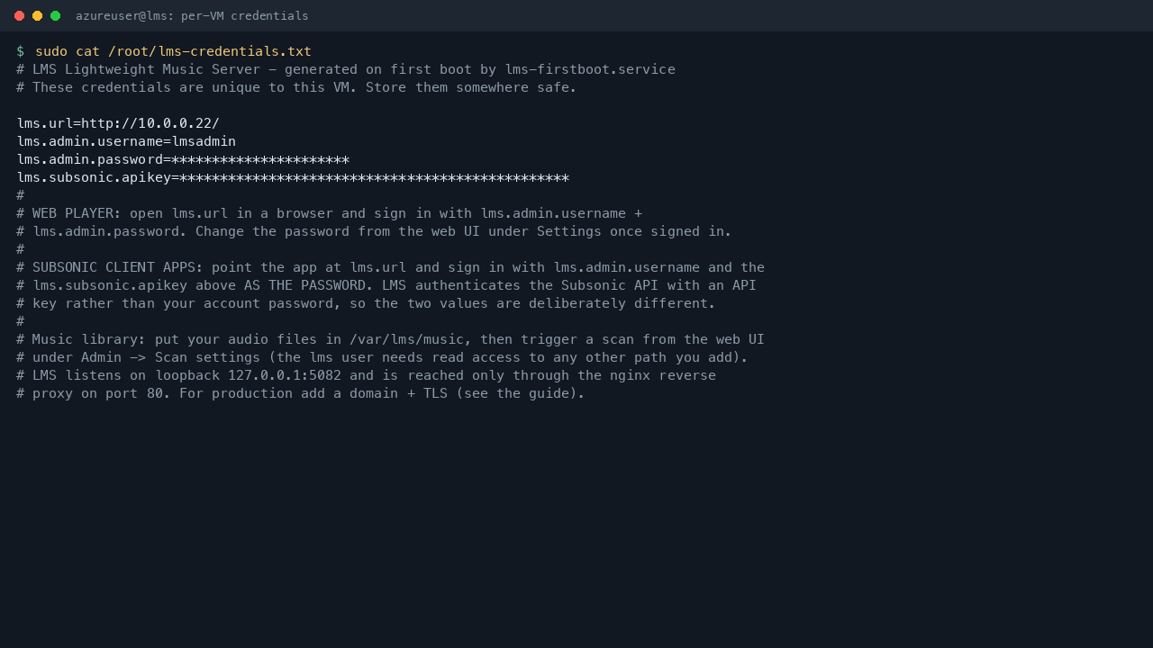 The per VM credentials file showing the instance URL, the generated administrator username and password, and the separate Subsonic API key, readable only by root