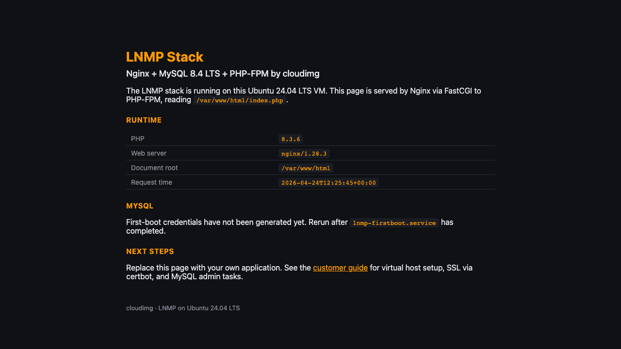 cloudimg LNMP welcome page rendered by Nginx via FastCGI to PHP-FPM 8.3