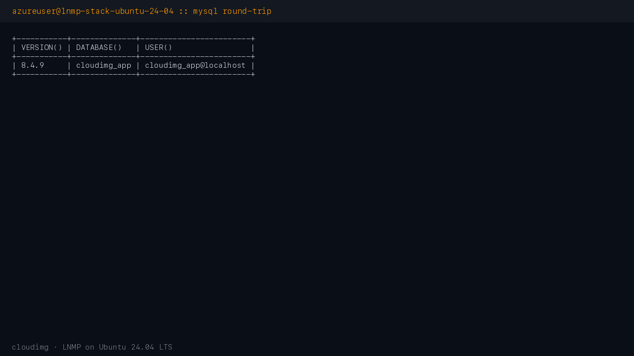 MySQL CLI round-trip showing server version 8.4.9 and the cloudimg_app user connected to the cloudimg_app database