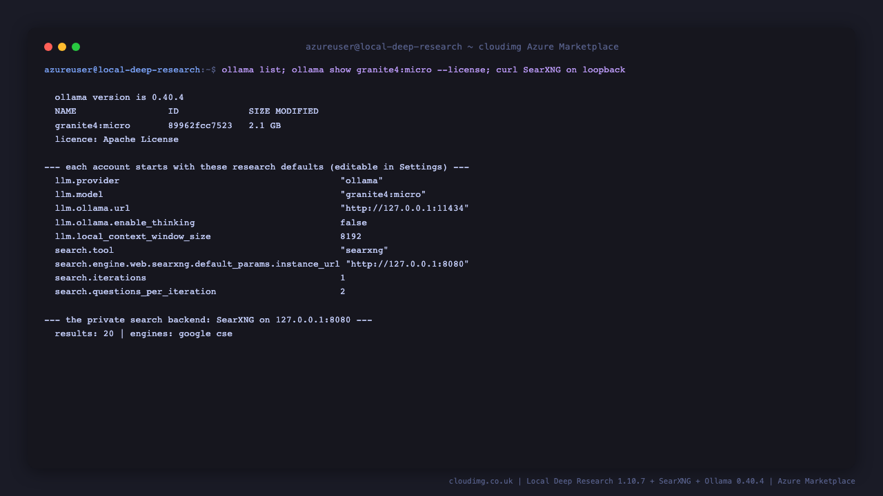 The Ollama version and the baked granite4:micro model with its registry ID and Apache 2.0 licence, the research defaults every new account starts with, and the local SearXNG answering a query