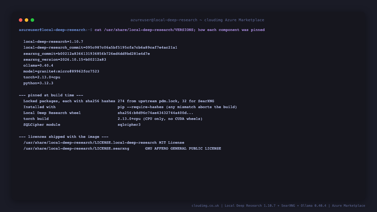 The installed versions and commits, the number of hash pinned Python packages, the CPU only torch build, the SQLCipher module and the licences shipped with the image
