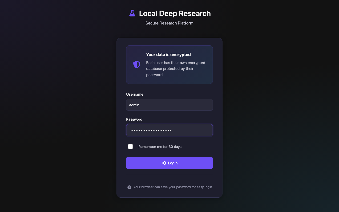 The Local Deep Research sign in page served over HTTPS by the appliance, with the admin username entered and the password masked, and no sign up link