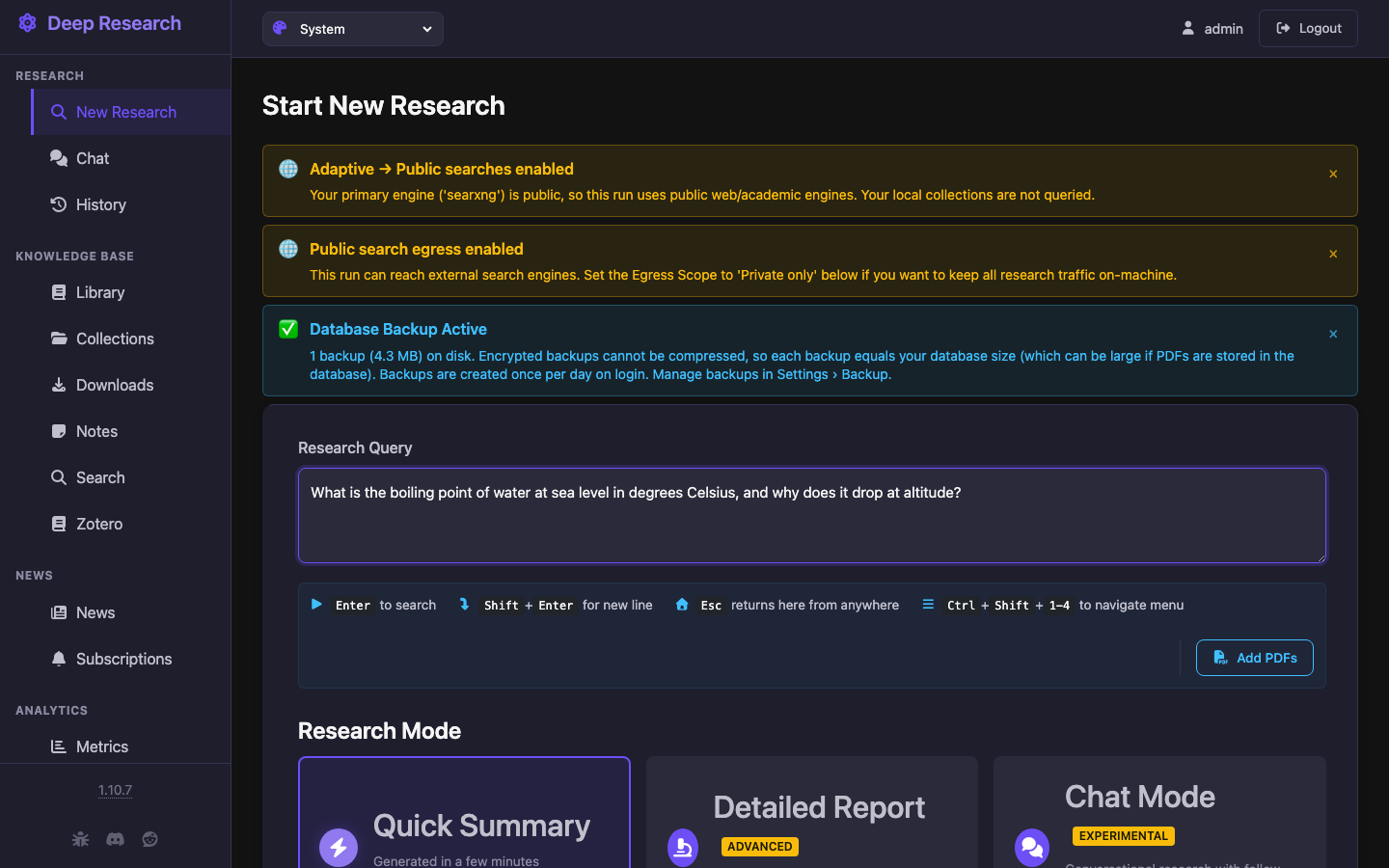 The Start New Research page with a question typed into the Research Query box