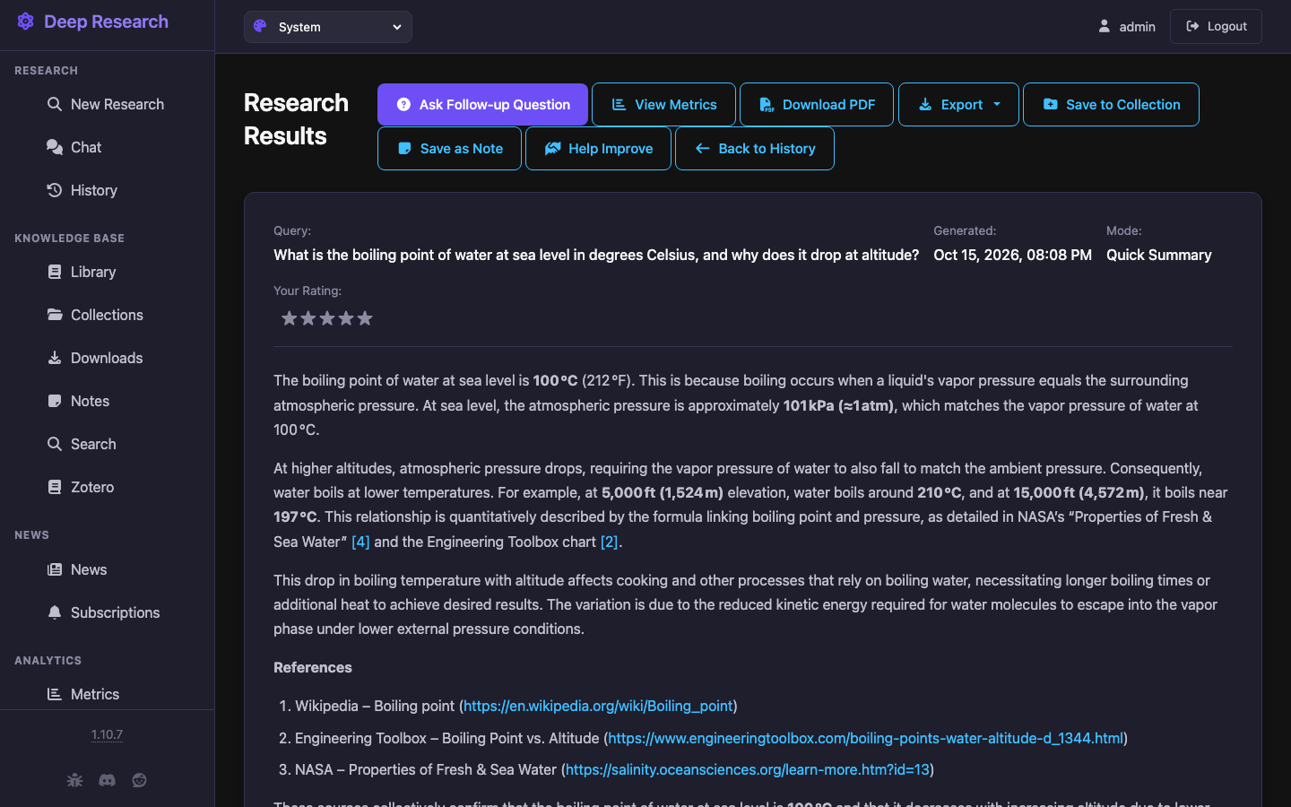 A completed Quick Summary research report produced on the VM by the bundled model: the answer to the question, with numbered citations and a References list of the web pages found through the local SearXNG