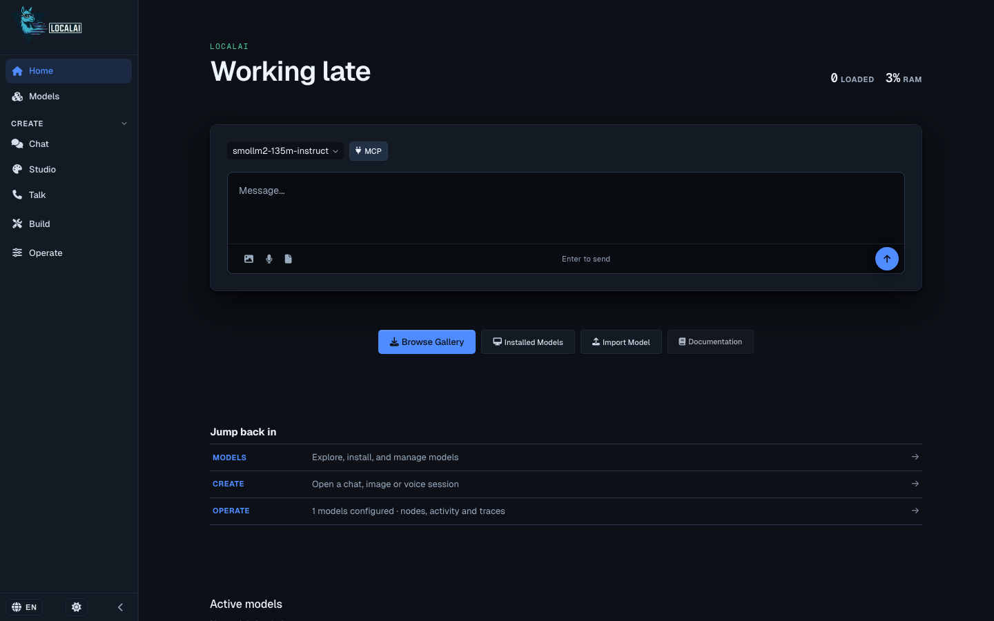The LocalAI 4.11.0 web UI home page with the smollm2-135m-instruct model selected in the chat box