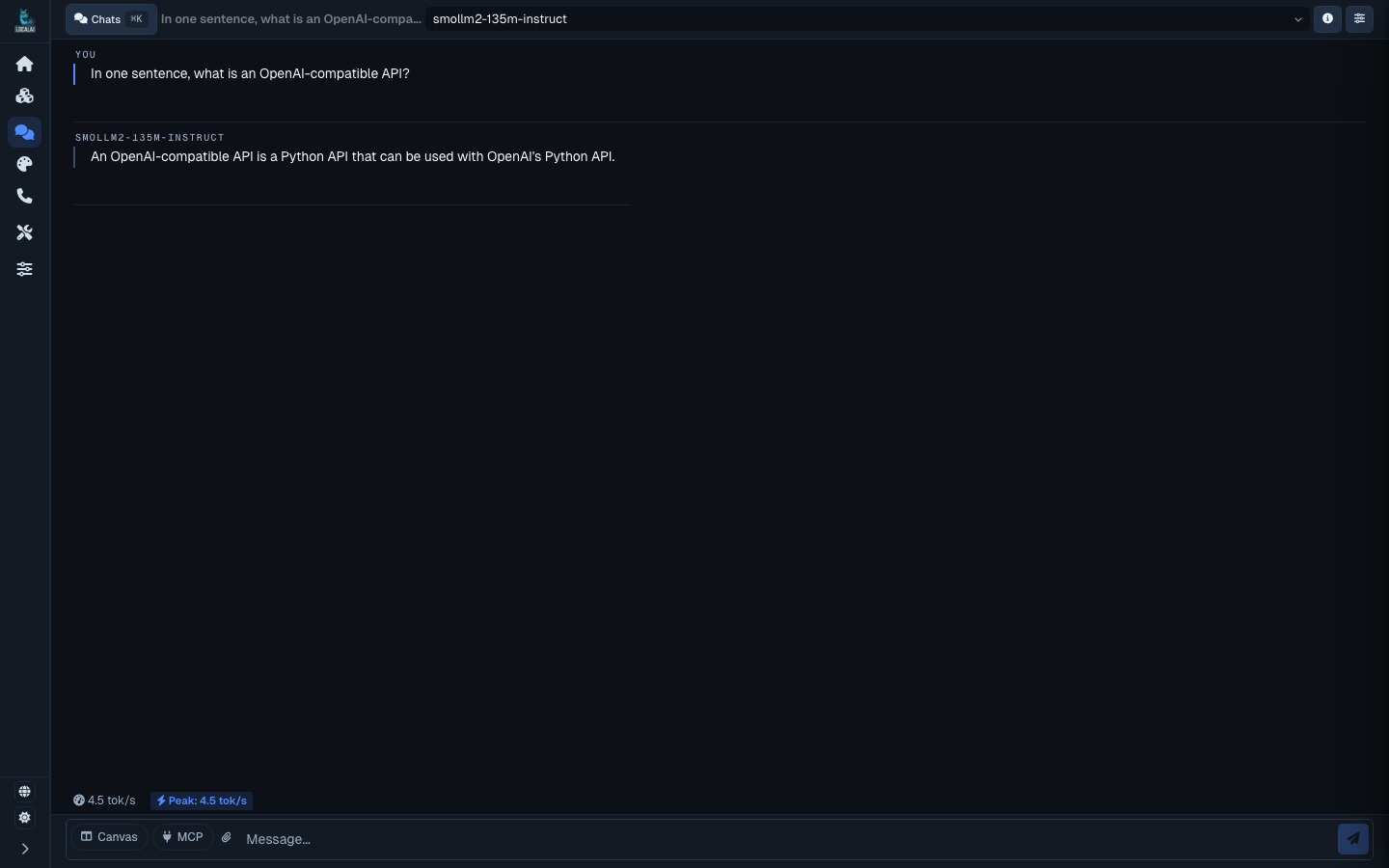 A LocalAI chat: the question and the smollm2-135m-instruct model's answer, at about 4.5 tokens per second on the CPU