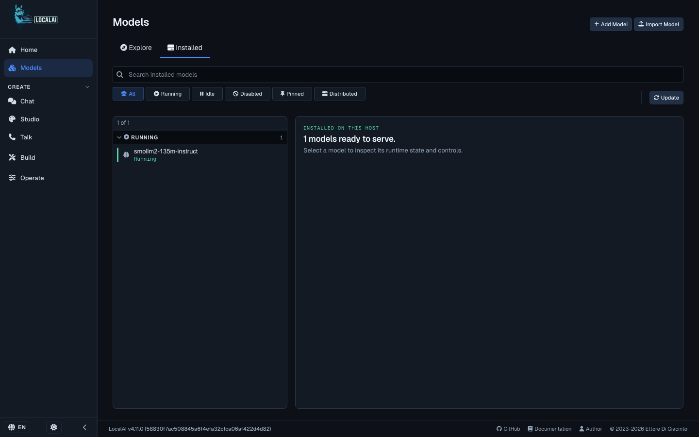 The LocalAI Models page, Installed tab: smollm2-135m-instruct running, and the footer showing LocalAI v4.11.0 and its source commit