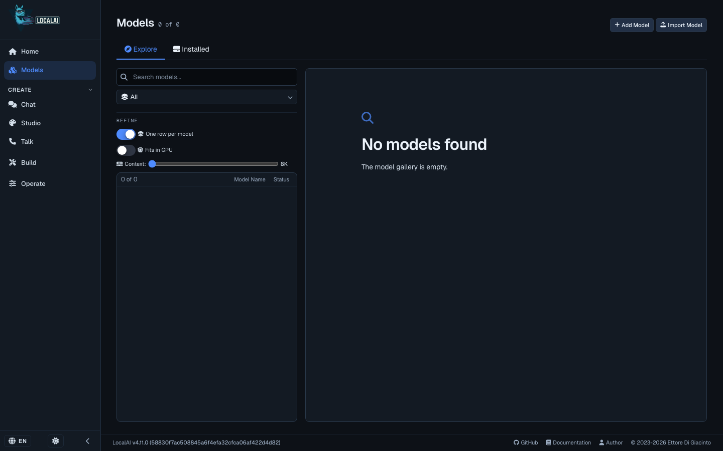 The LocalAI Models page, Explore tab, showing No models found: the model gallery is empty