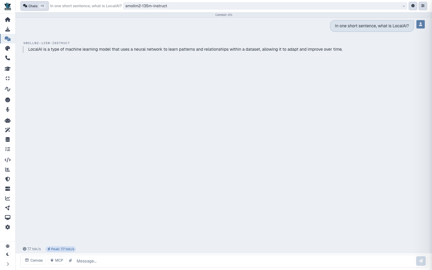 The LocalAI chat interface replying with the pre pulled local model