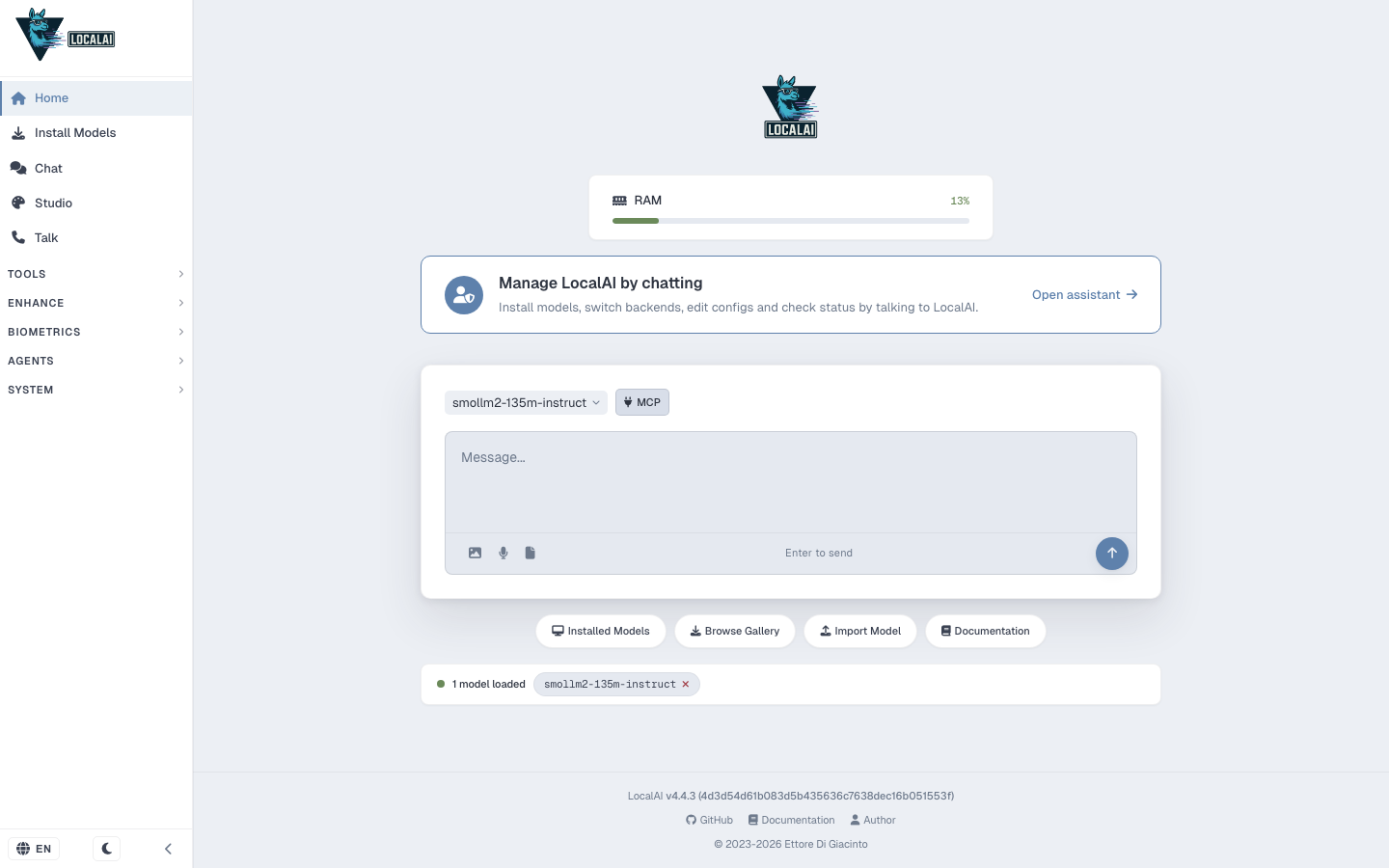 The LocalAI home dashboard showing the loaded model and system status