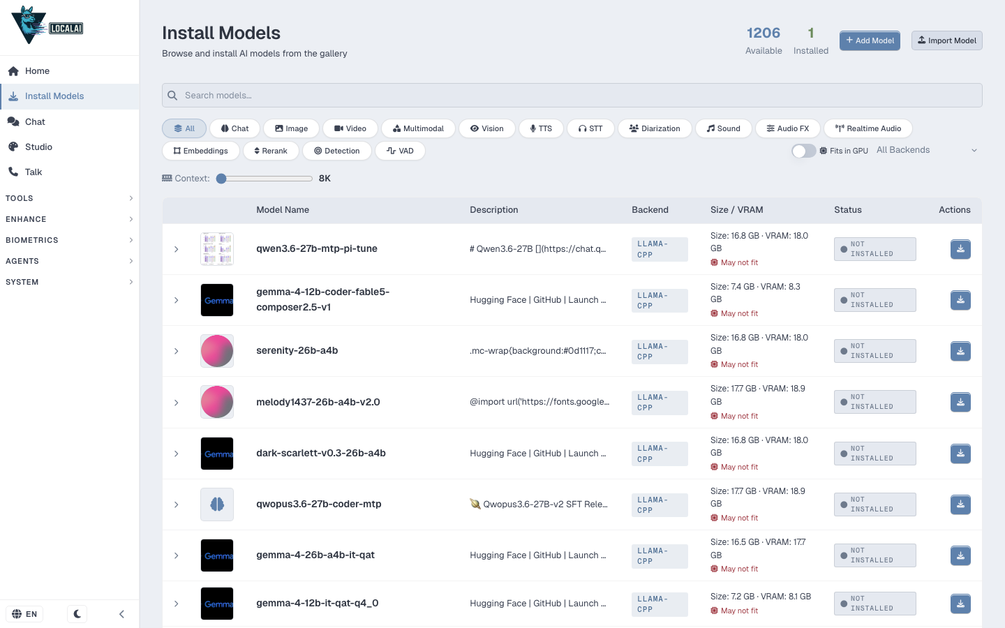 The LocalAI model gallery listing installable models