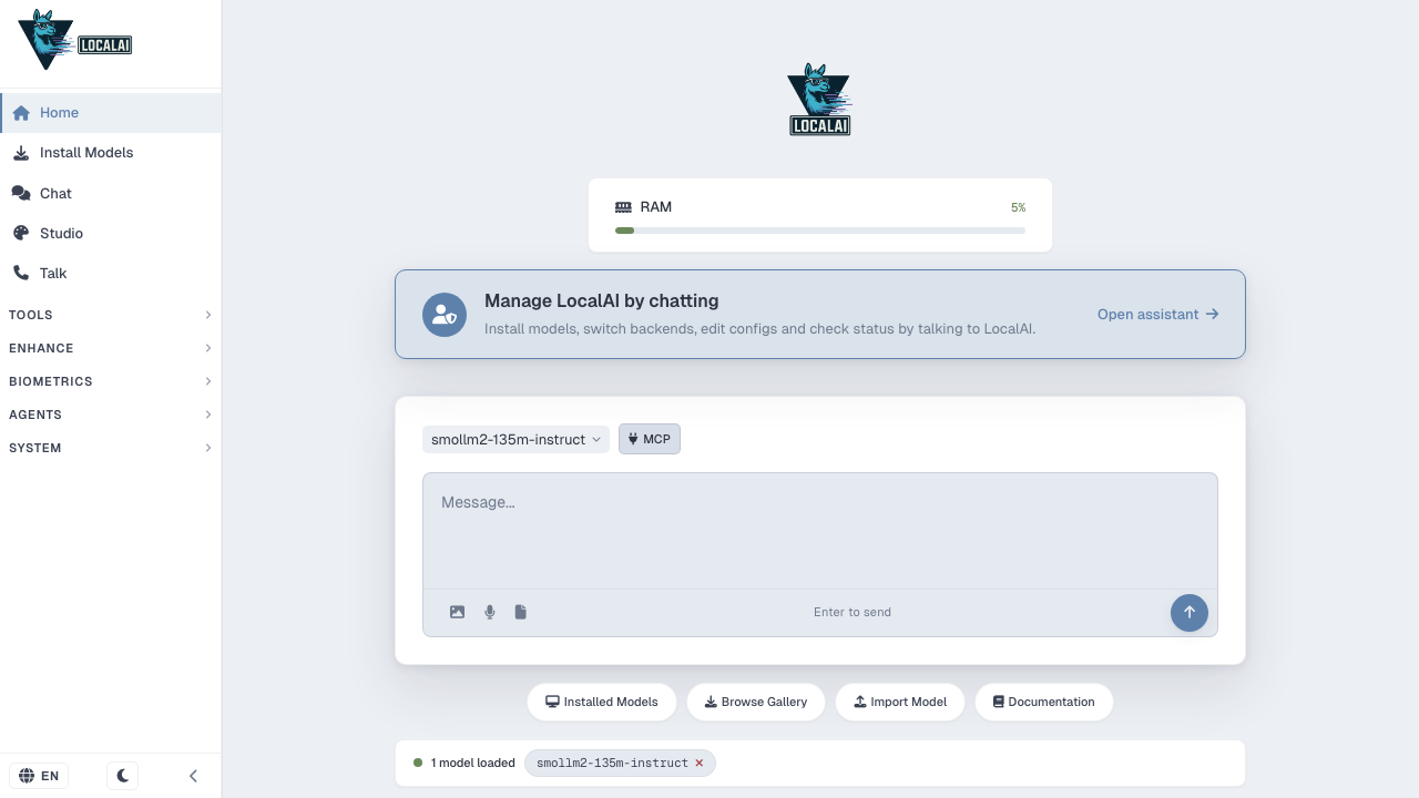 LocalAI web UI home dashboard showing the loaded model and system status