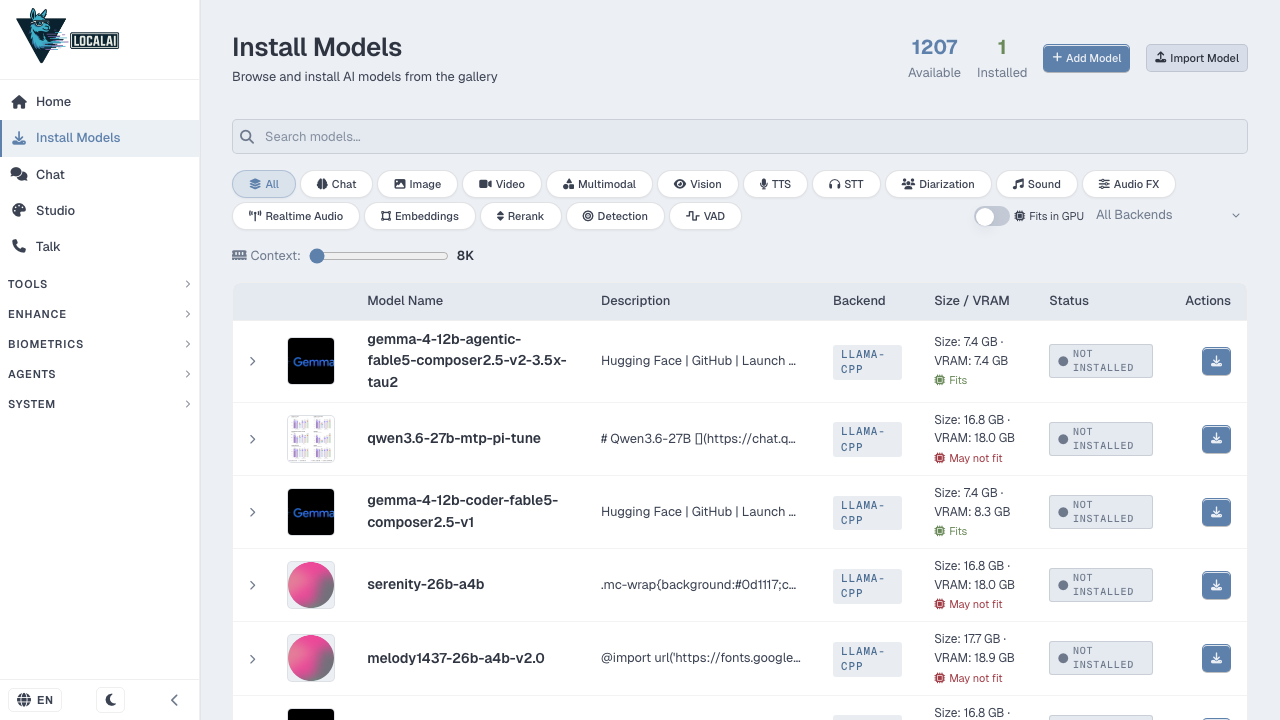 LocalAI model gallery showing installable models with backend and size