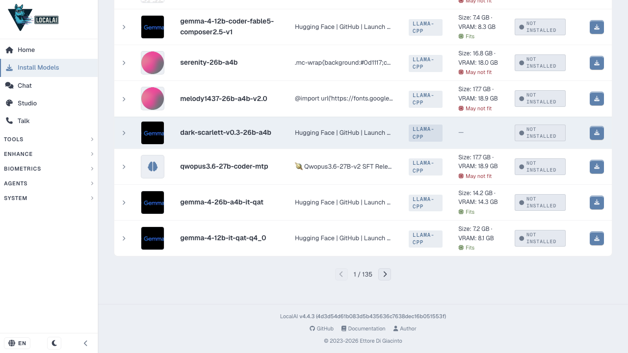 LocalAI Install Models gallery view with the available model catalogue