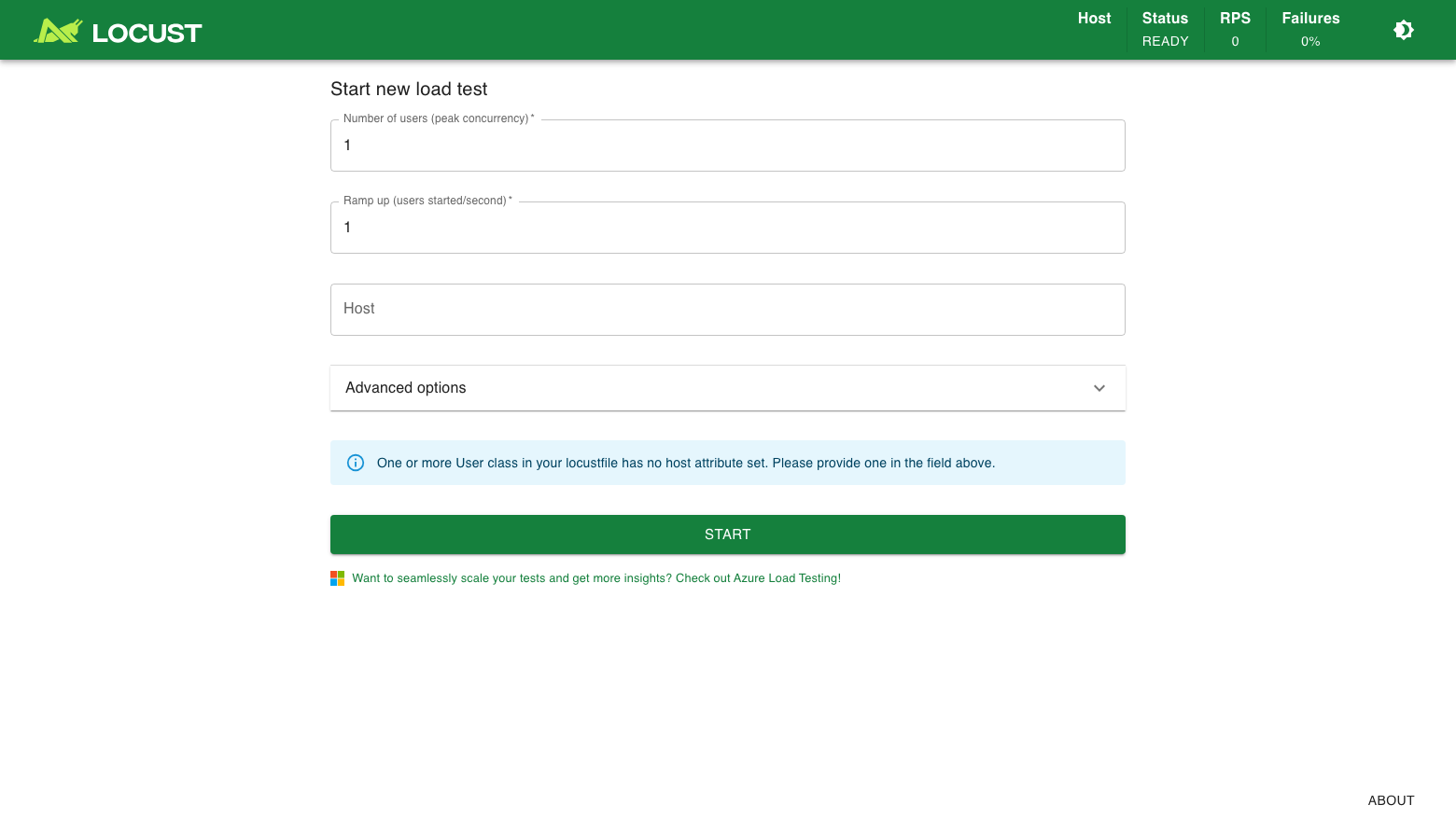 The Locust 2.47.0 start page on cloudimg: the number of users, the ramp up rate and the Host fields with a Start button