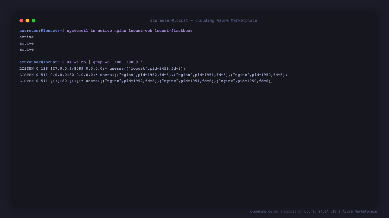 nginx and locust-web both active, with nginx listening on port 80 and Locust bound to loopback 8089