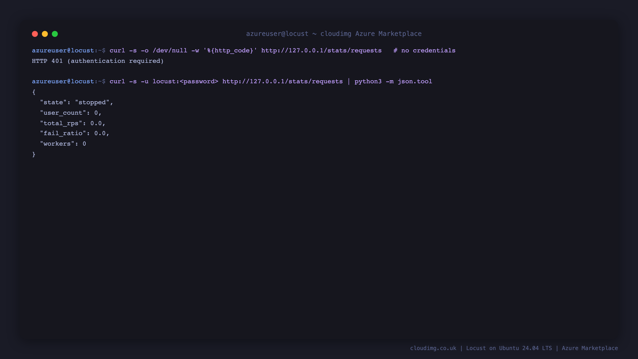 An unauthenticated stats request returning 401, then an authenticated request returning the live state JSON