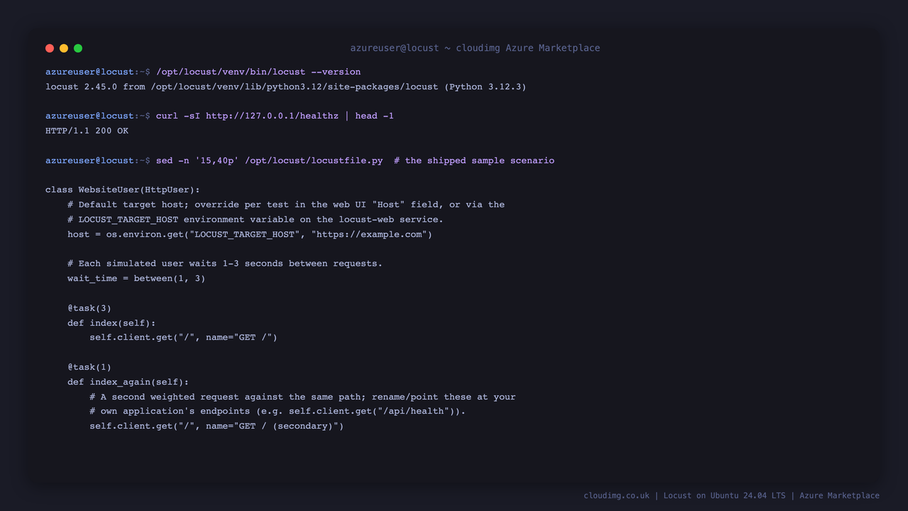 The Locust version, the healthz probe returning 200, and the shipped sample locustfile