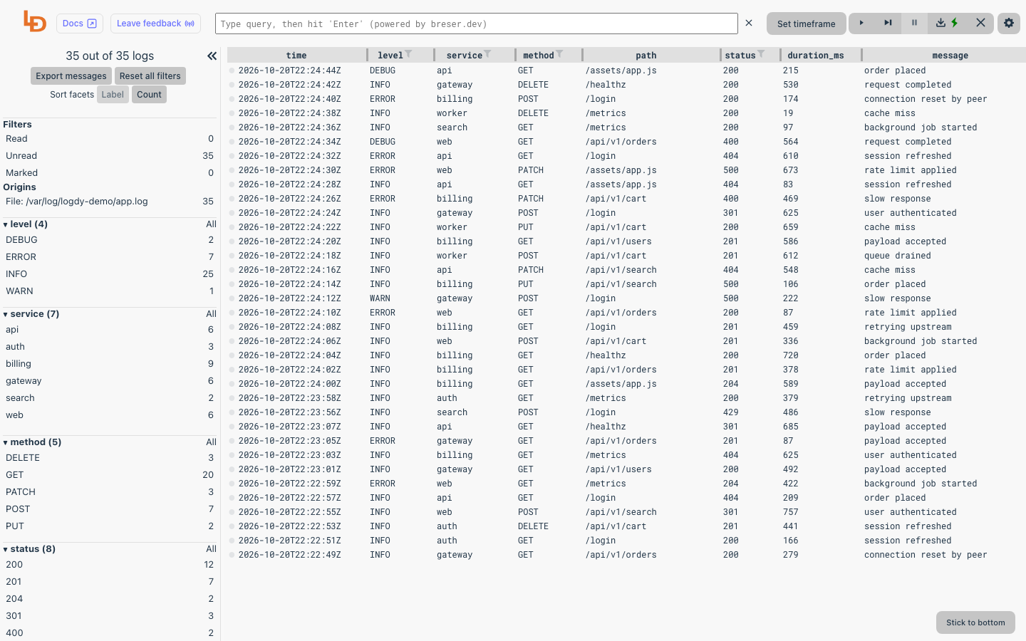 Logdy streaming the demo log with columns and facets