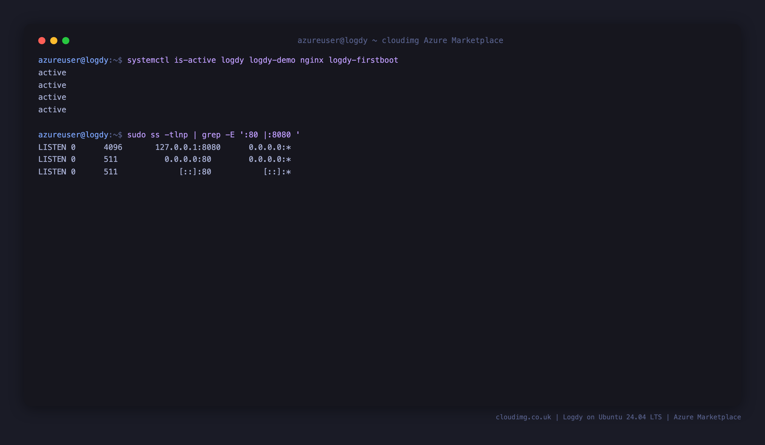 Logdy, the demo generator and nginx all active, with nginx bound to public port 80 and Logdy bound to loopback 127.0.0.1:8080 only