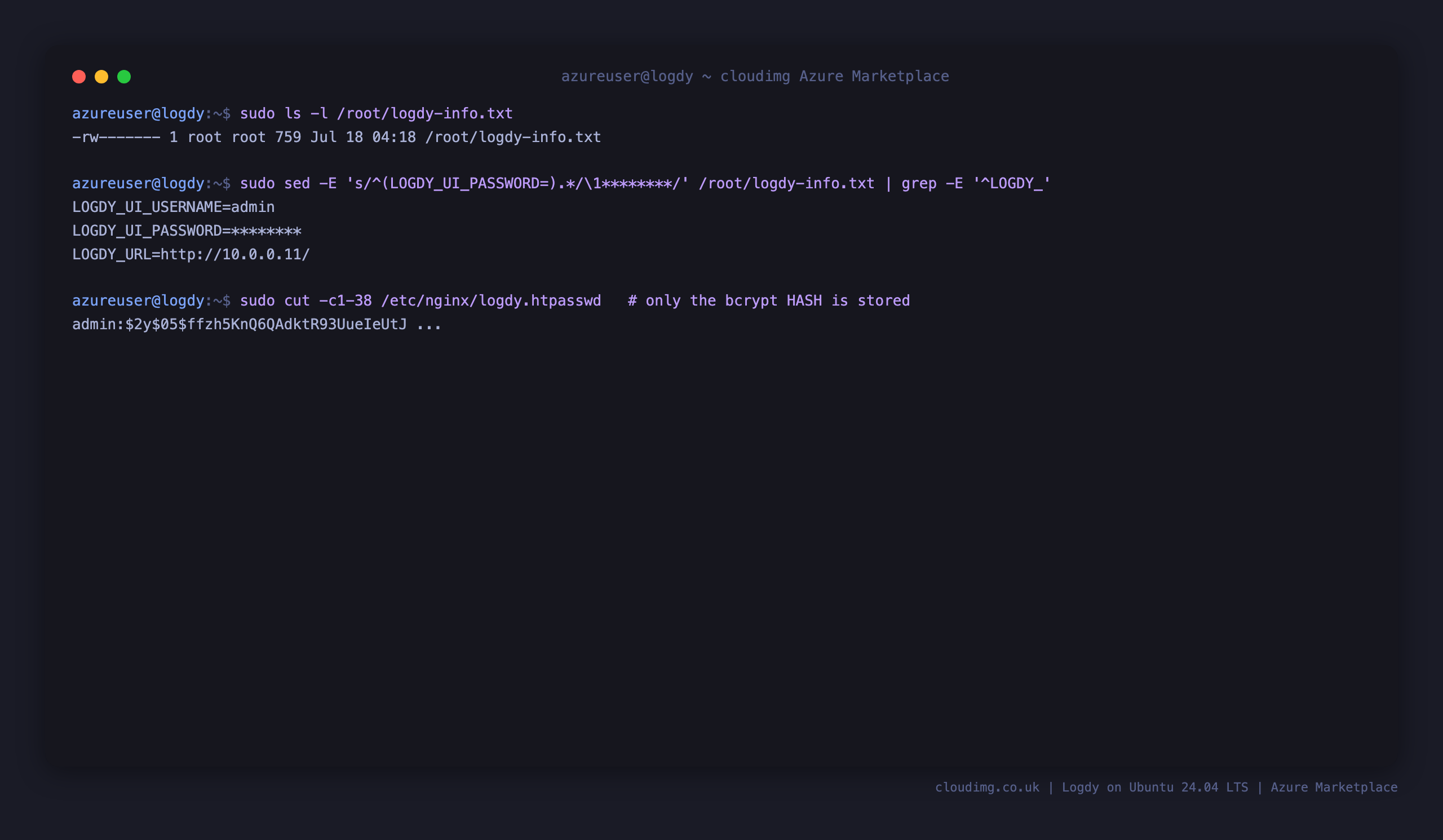 The per VM credential note with the password masked, showing the file is mode 0600 root only, and the nginx htpasswd holding only the bcrypt hash