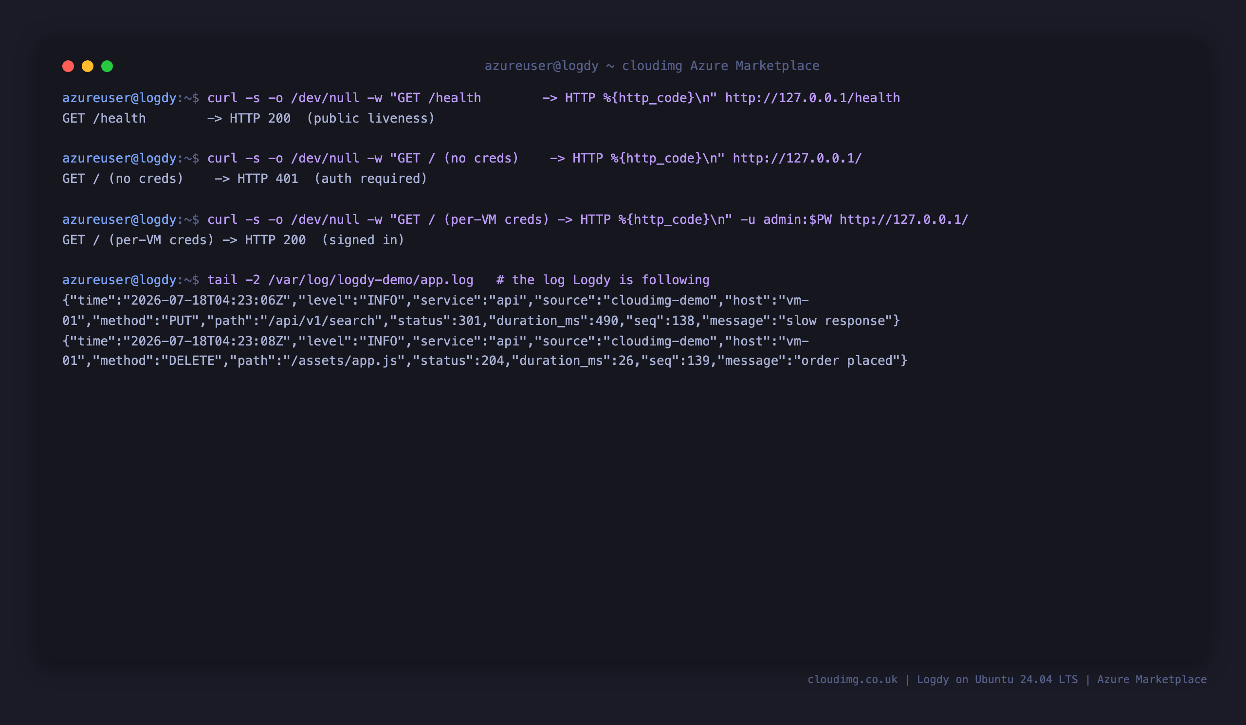 The auth round-trip: the health endpoint returns 200, the UI returns 401 without credentials and 200 with the per VM credentials, and Logdy is following the structured demo log