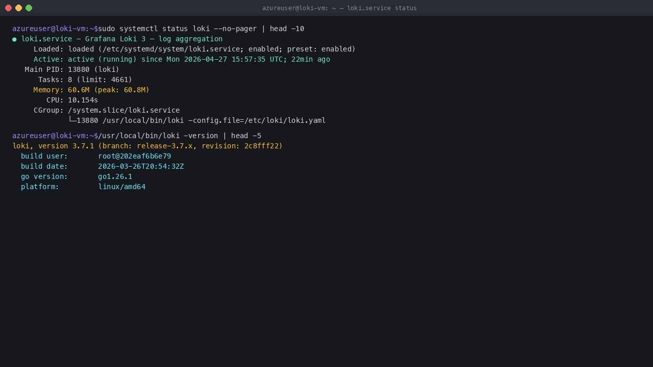 loki.service active (running) ~60 MB resident; Loki 3.7.1 from grafana/loki release-3.7.x branch