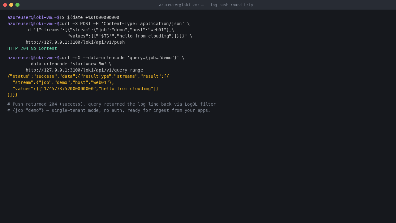 POST /loki/api/v1/push returns 204; GET /query_range with LogQL filter returns the pushed log line