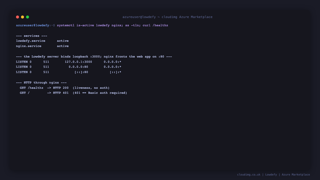 lowdefy.service and nginx.service active, the Lowdefy server bound to 127.0.0.1:3000, nginx on port 80, and the health endpoint returning HTTP 200