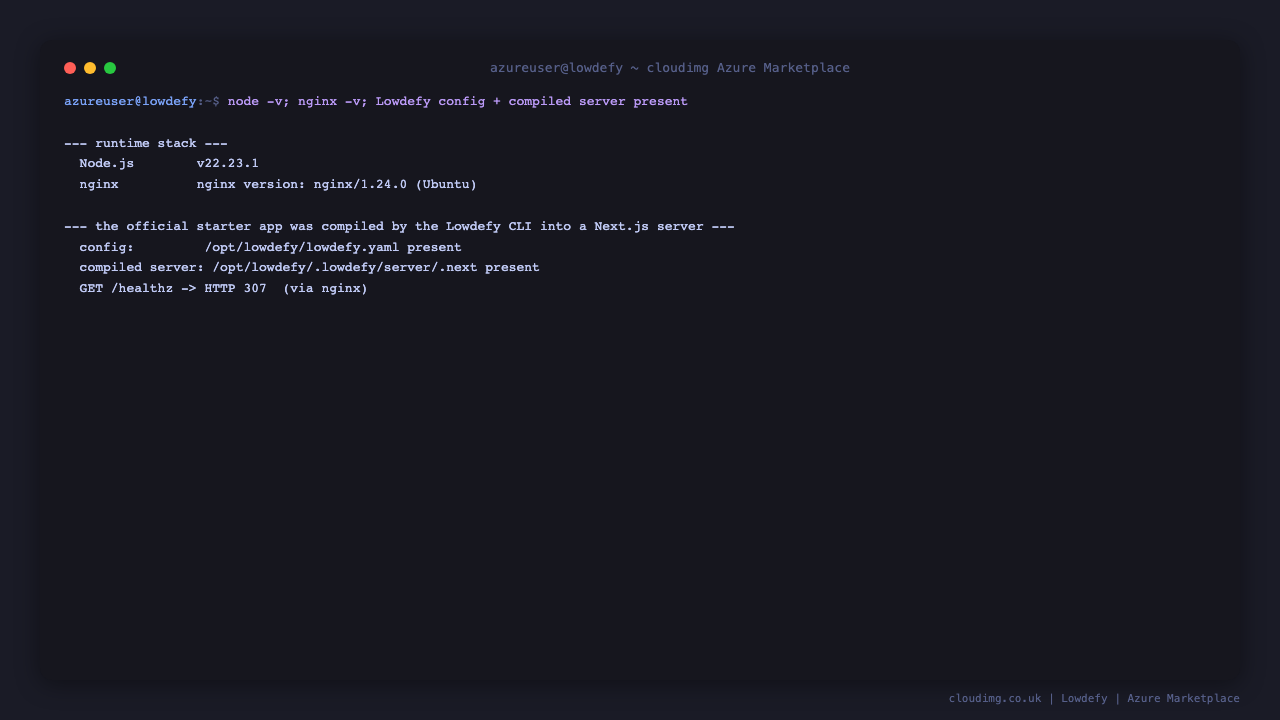 Node.js 22 LTS, nginx 1.24, the Lowdefy configuration and the compiled Next.js server present on disk