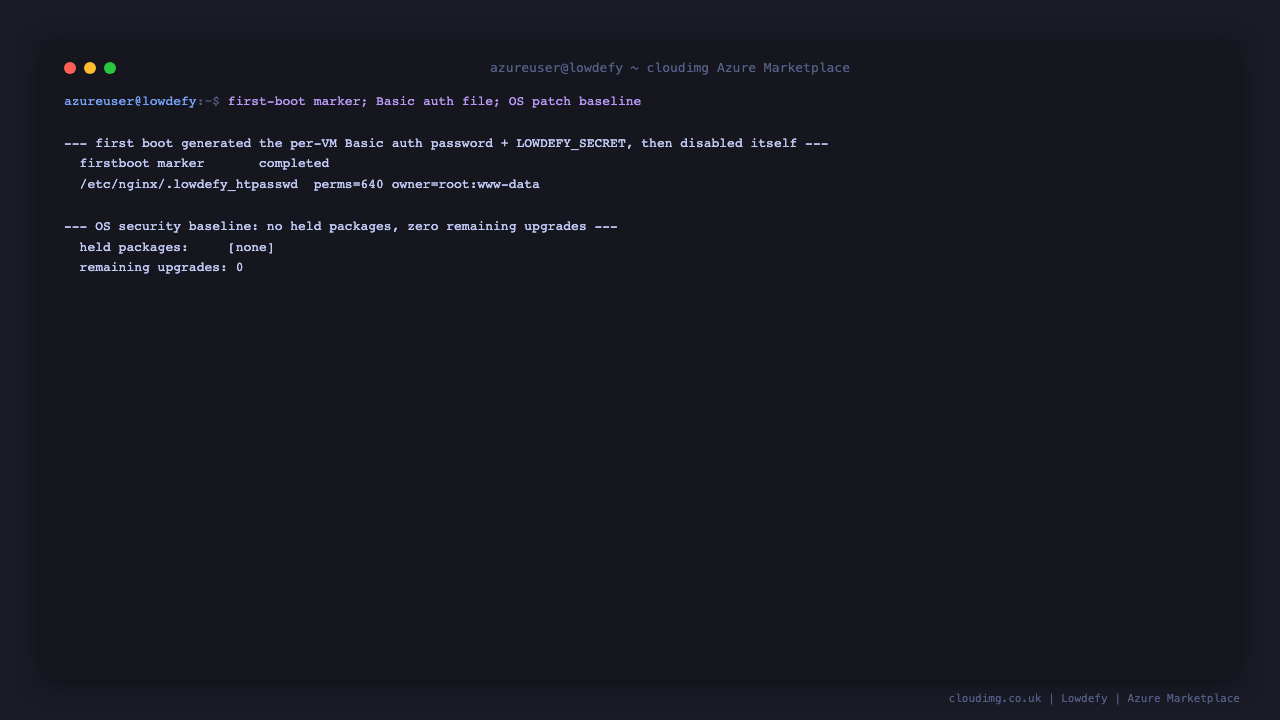 The first boot completion marker, the root owned Basic auth password file, and an intact OS patch baseline with no held packages