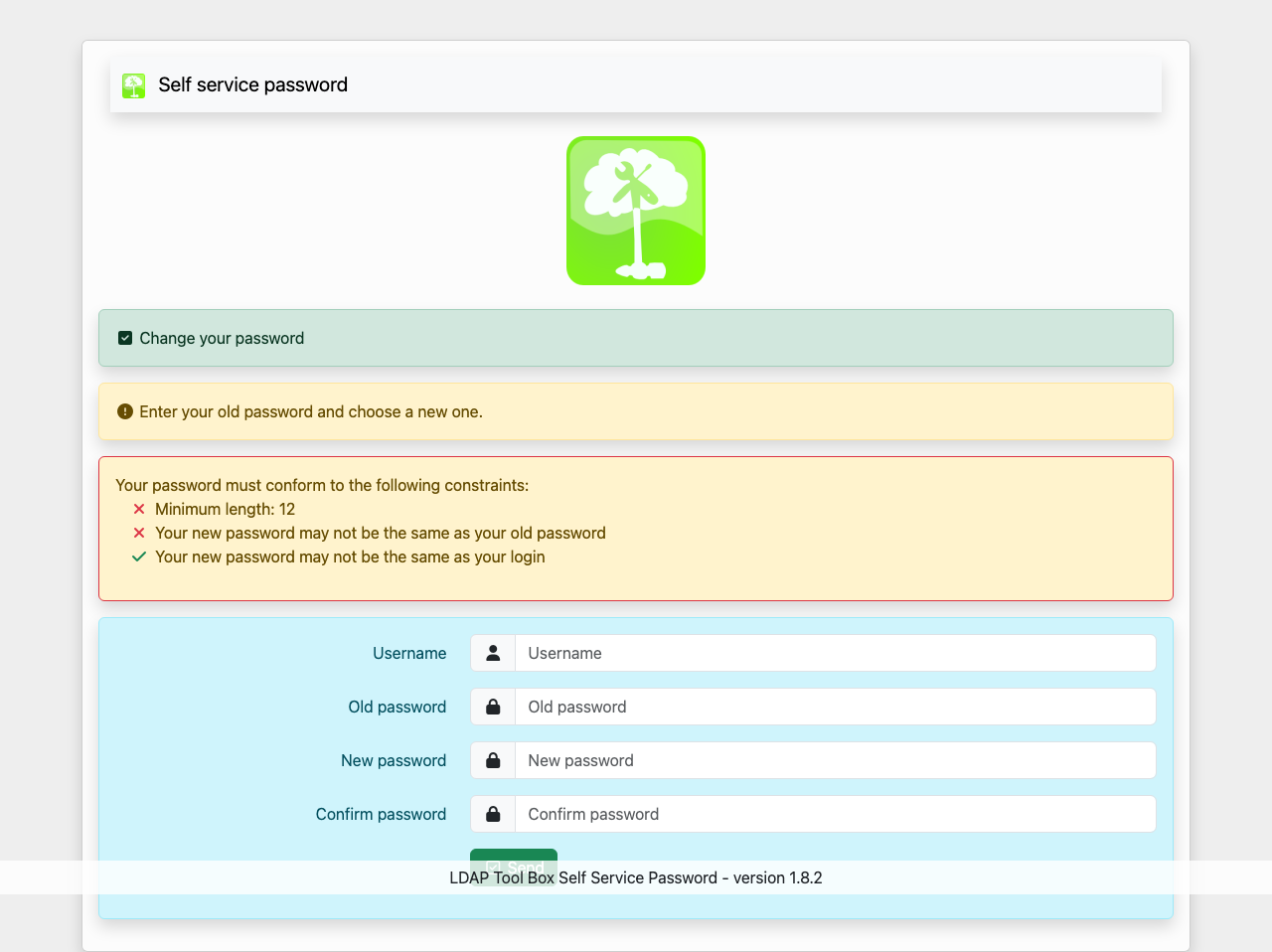 The LTB Self Service Password 1.8.2 change-password page with the login, old password and new password fields and the password policy