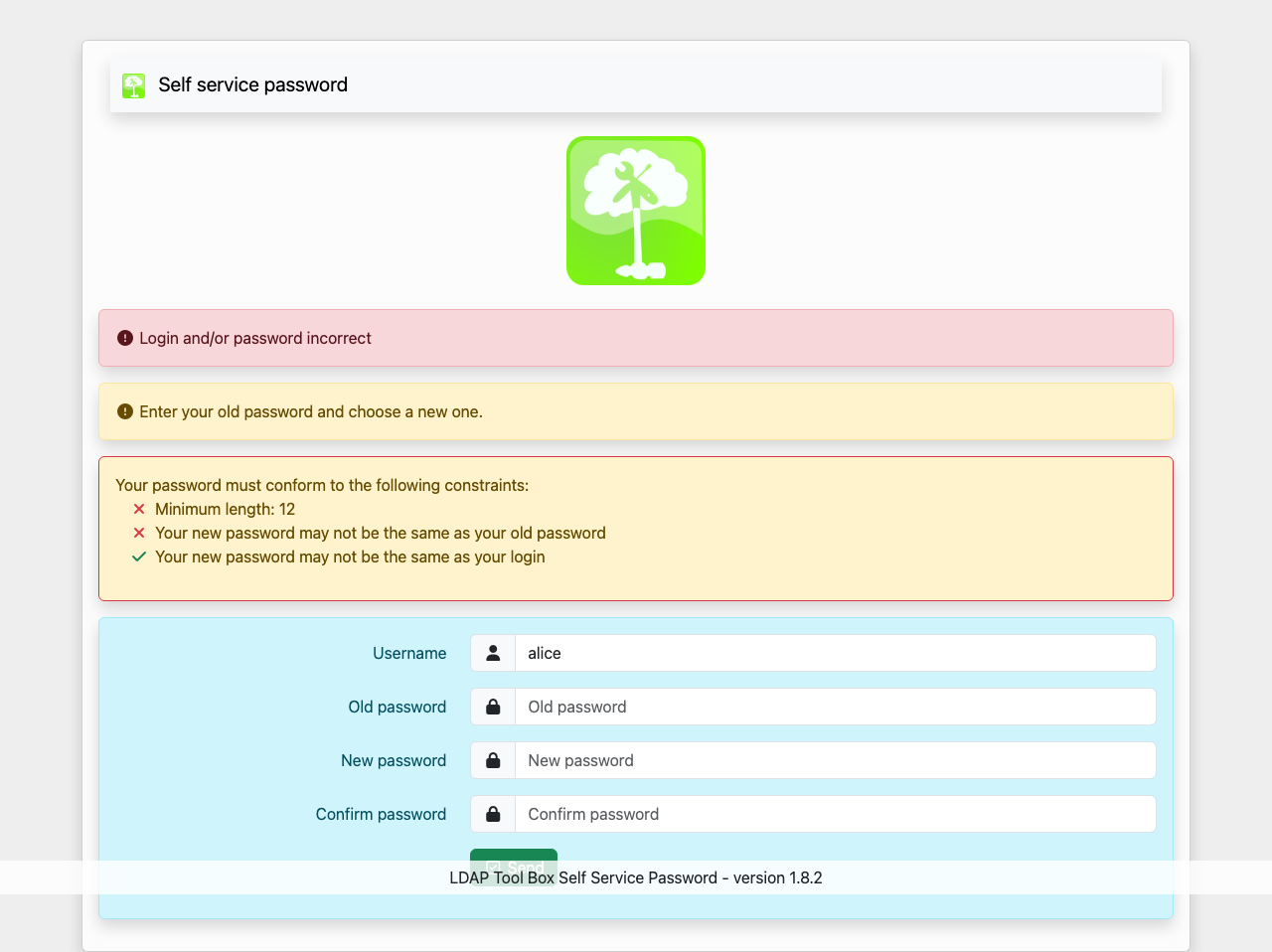 Self Service Password refusing a wrong old password: Login and/or password incorrect