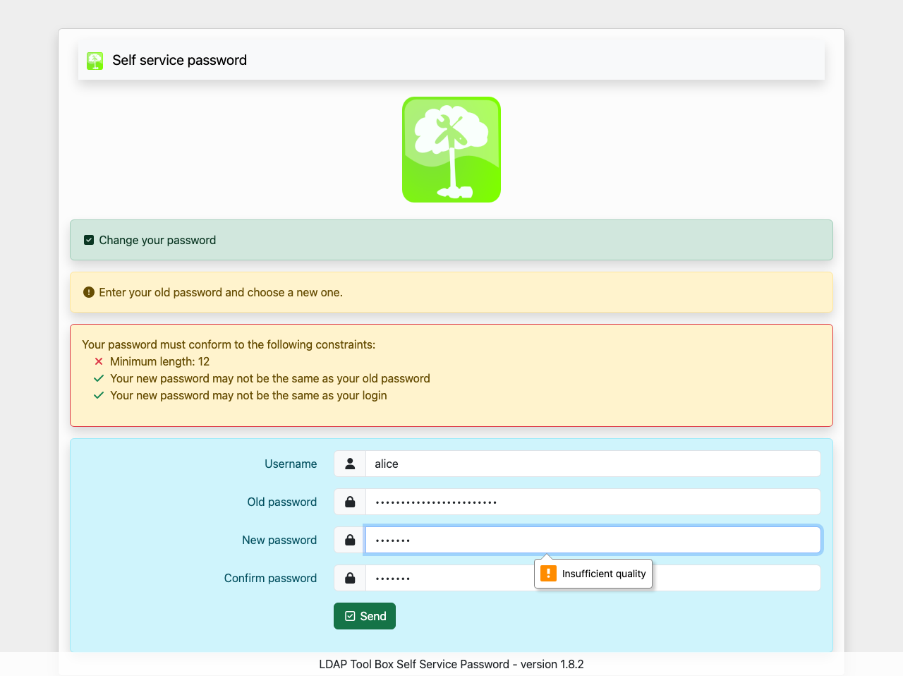 The password policy marking a seven-character new password as too short